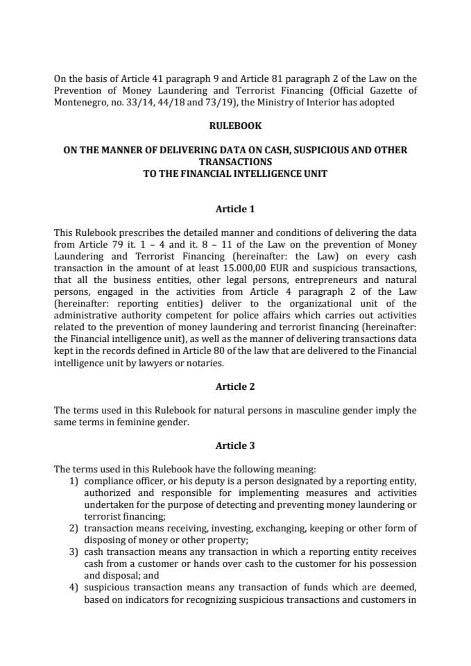 Rulebook on the manner of delivering data on cash, suspicious and other transactions to the financial intelligence unit