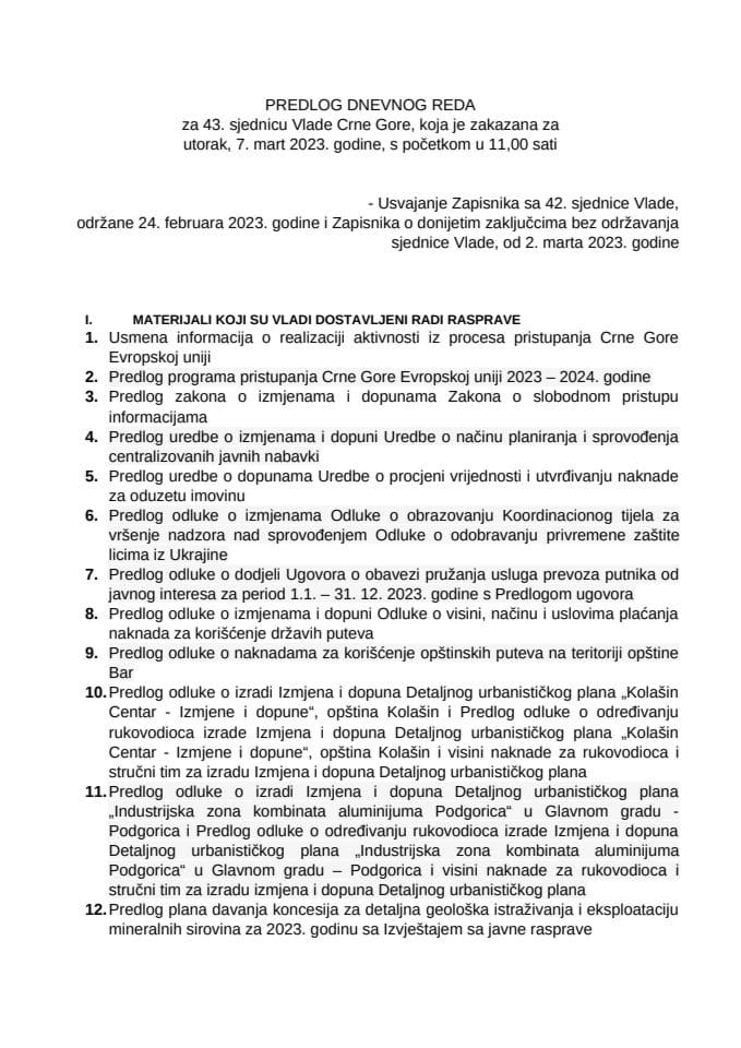 Predlog dnevnog reda za 43. sjednicu Vlade Crne Gore