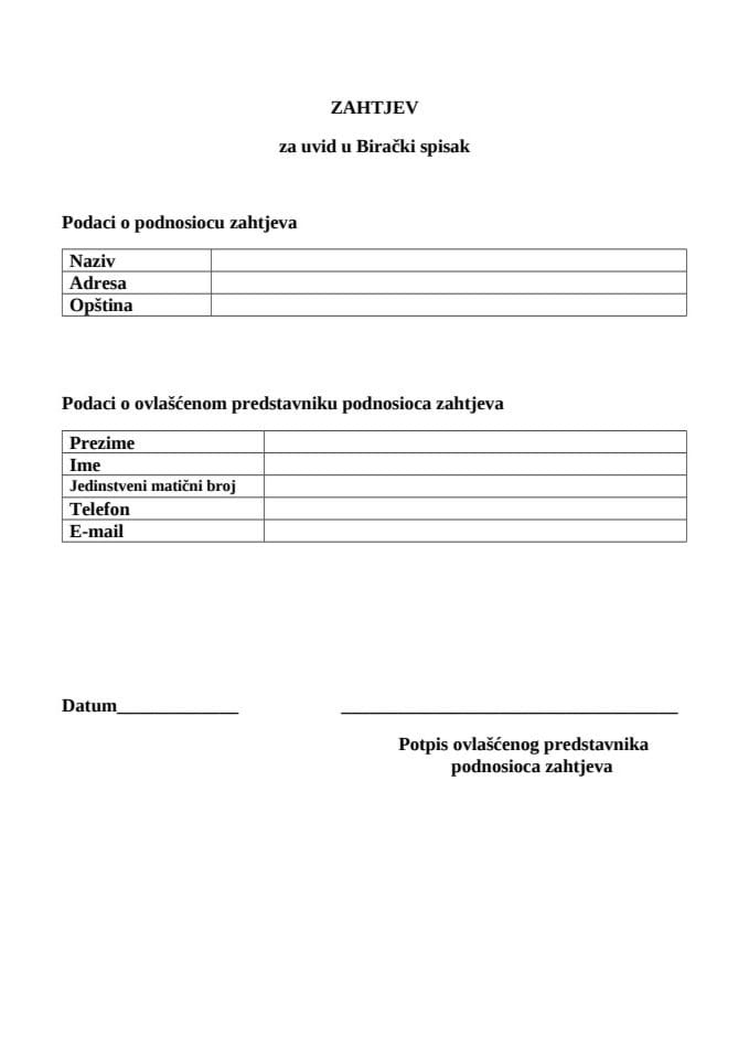 Образац-захтјев за увид у бирачки списак