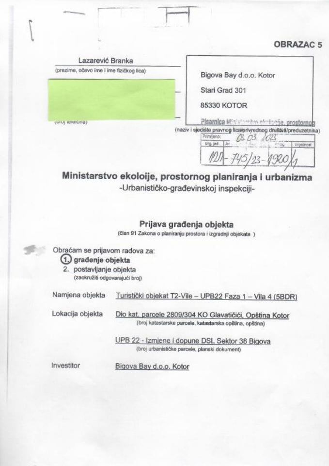 Пријава грађења објекта - 121-745-23-1920-1 БИГОВА БАY ДОО