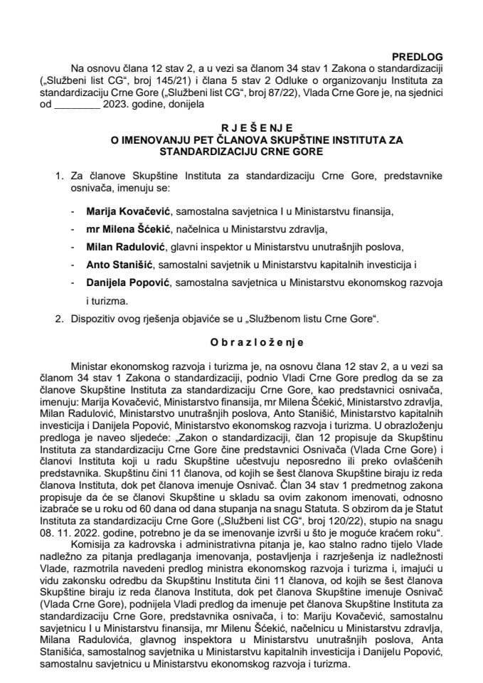 Predlog za imenovanje pet članova Skupštine Instituta za standardizaciju Crne Gore
