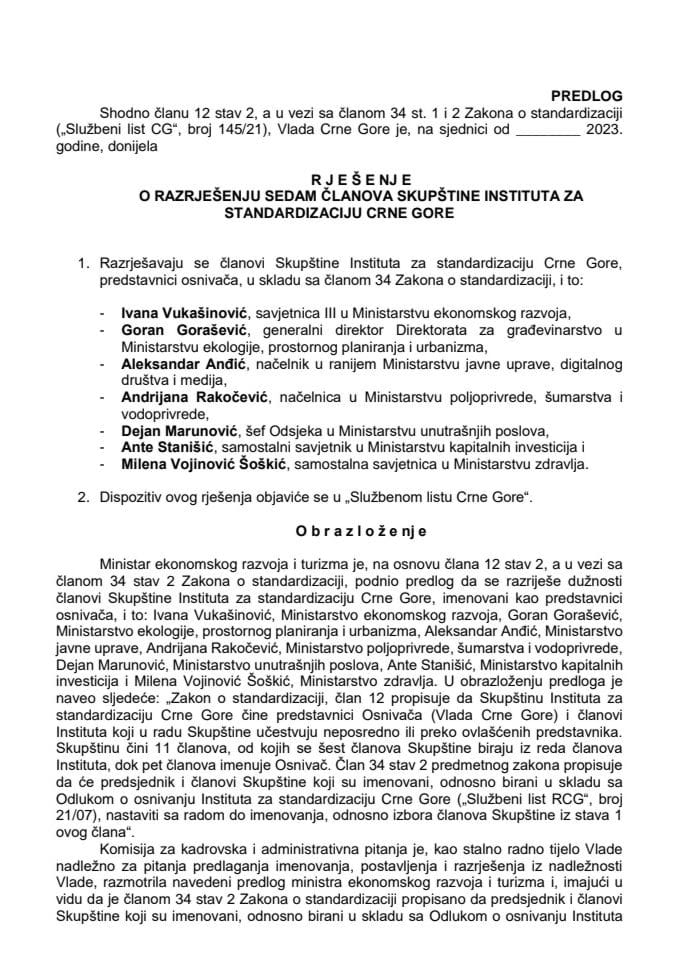 Predlog za razrješenje sedam članova Skupštine Instituta za standardizaciju Crne Gore