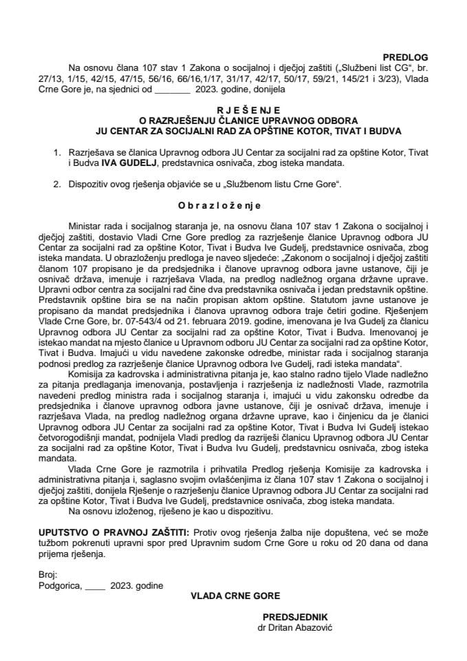 Predlog za razrješenje članice Upravnog odbora JU Centar za socijalni rad za opštine Kotor, Tivat i Budva
