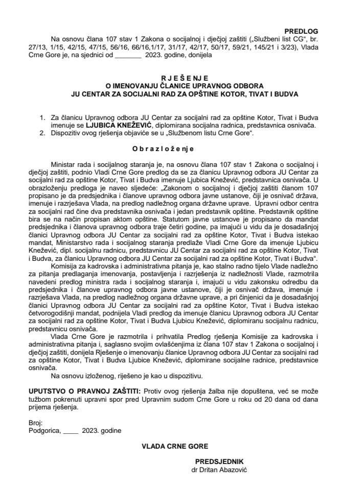 Predlog za imenovanje članice Upravnog odbora JU Centar za socijalni rad za opštine Kotor, Tivat i Budva