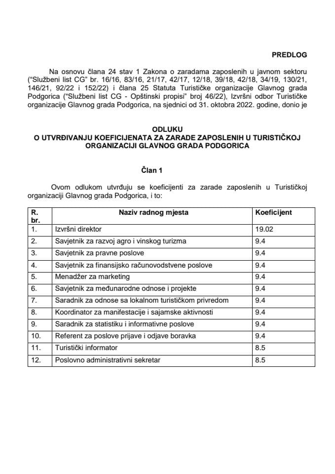 Predlog odluke o utvrđivanju koeficijenata za zarade zaposlenih u Turističkoj organizaciji Glavnog grada Podgorica (bez rasprave)