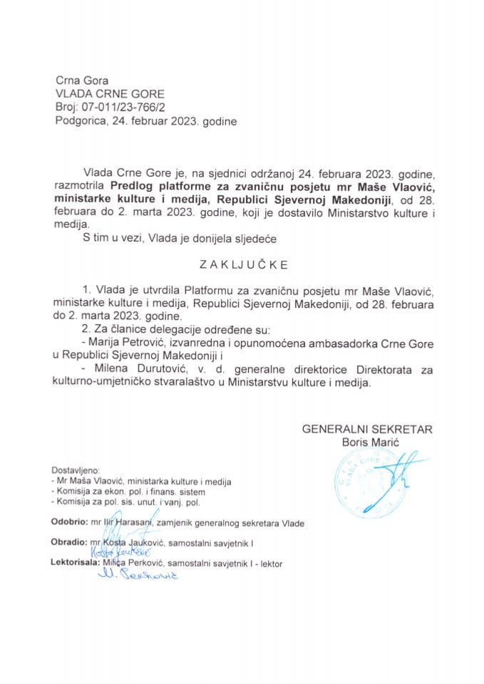 Предлог платформе за званичну посјету мр Маше Влаовић, министарке културе и медија, Републици Сјеверној Македонији, од 28. фебруара до 2. марта 2023. године - закључци