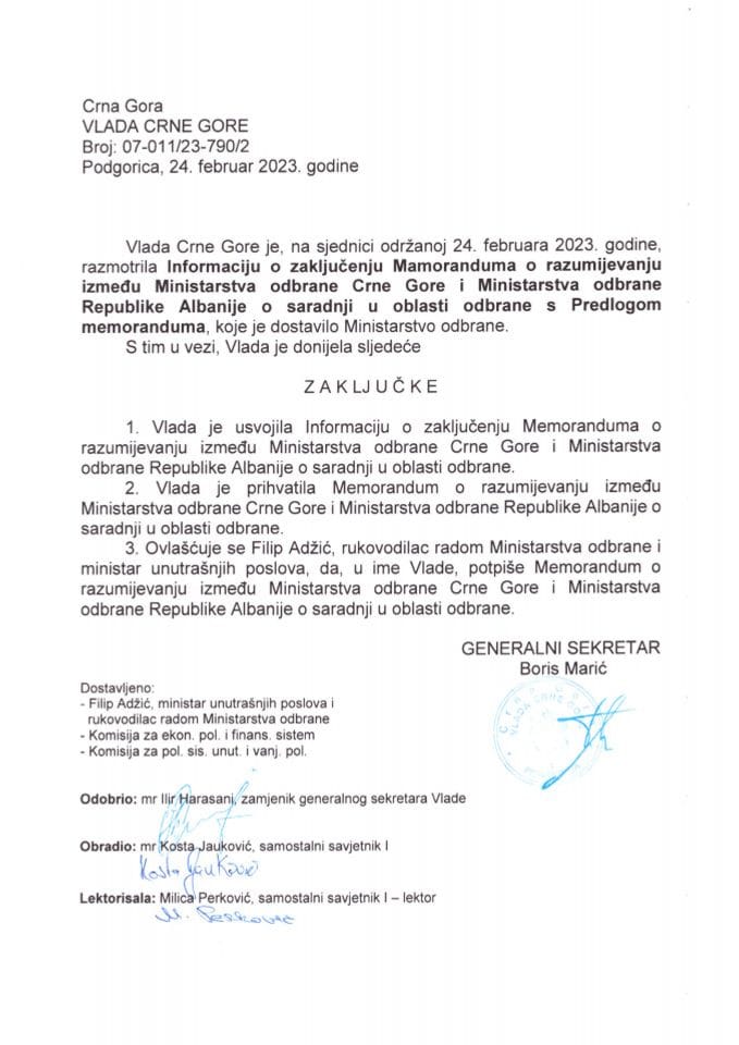 Informacija o zaključivanju Mamoranduma o razumijevanju između Ministarstva odbrane Crne Gore i Ministarstva odbrane Republike Albanije o saradnji u oblasti odbrane s Predlogom memoranduma - zaključci