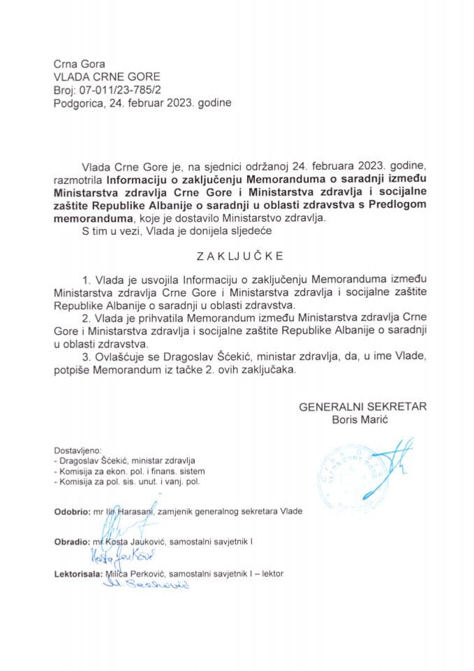 Informacija o zaključivanju Memoranduma o saradnji između Ministarstva zdravlja Crne Gore i Ministarstva zdravlja i socijalne zaštite Republike Albanije u oblasti zdravstva s Predlogom memoranduma - zaključci
