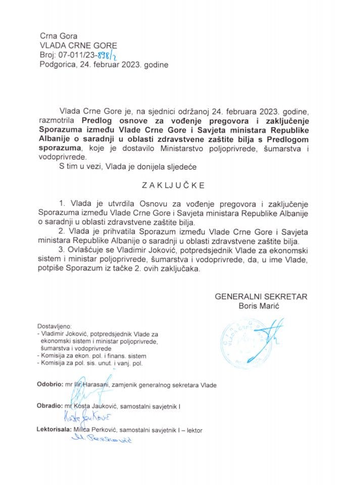 Предлог основе за вођење преговора и закључивање Споразума између Владе Црне Горе и Савјета министара Републике Албаније о сарадњи у области здравствене заштите биља с Предлогом споразума - закључци