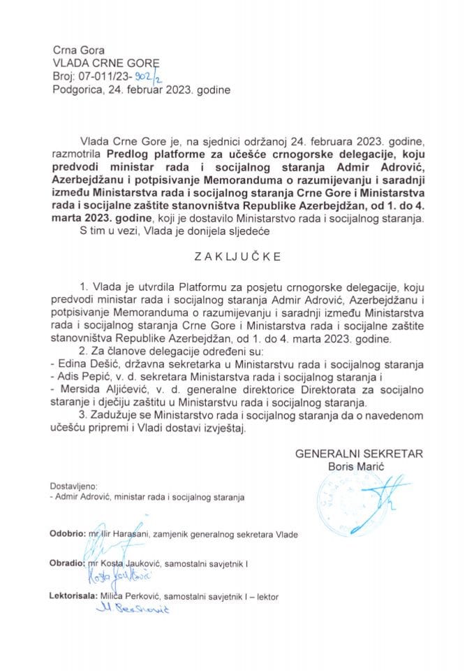 Предлог платформе о учешћу црногорске делегације коју предводи министар рада и социјалног старања Адмир Адровић Азербејџану и потписивање Меморандума о разумјевању и сарадњи - закључци