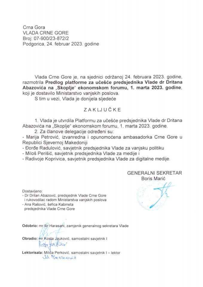 Предлог платформе за учешће предсједника Владе др Дритана Абазовића на Скопље економском форуму, 1. марта 2023. године - закључци