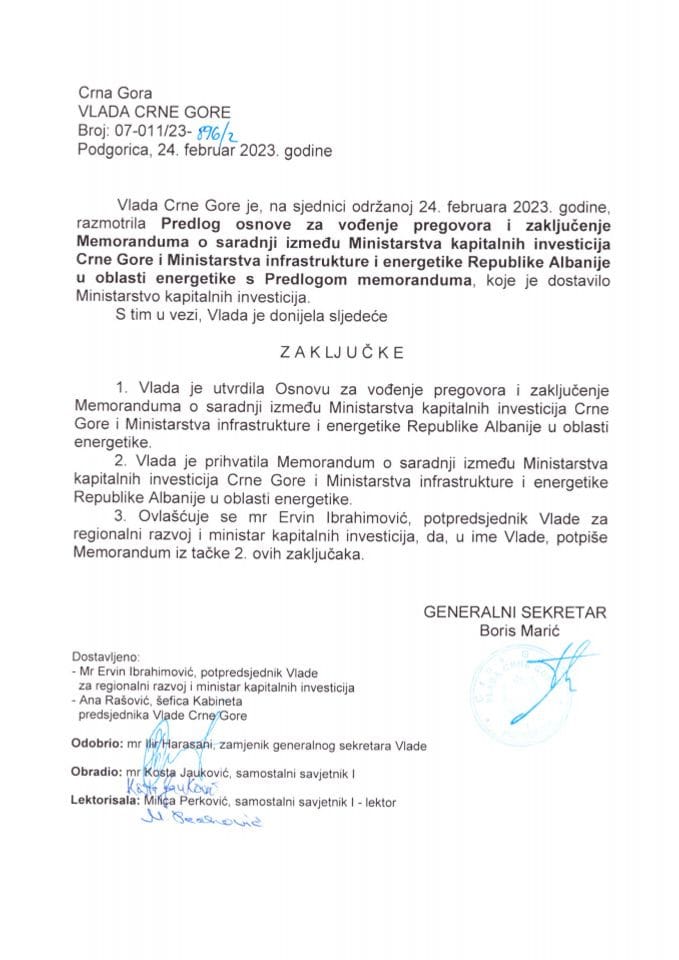Predlog osnove za vođenje pregovora i zaključivanje memoranduma o saradnji između Ministarstva kapitalnih investicija Crne Gore i Ministarstva infrastrukture i energetike Republike Albanije u oblasti energetike s Predlogom memoranduma - zaključci