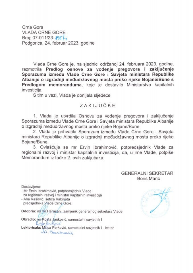 Predlog osnove za vođenje pregovora i zaključivanje Sporazuma između Vlade Crne Gore i Savjeta ministara Republike Albanije o izgradnji međudržavnog mosta preko rijeke Bojane/Bune - zaključci