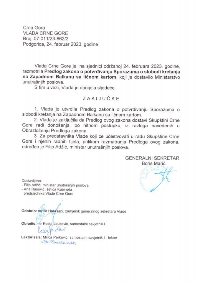 Predlog zakona o potvrđivanju Sporazuma o slobodi kretanja na Zapadnom Balkanu sa ličnom kartom - zaključci