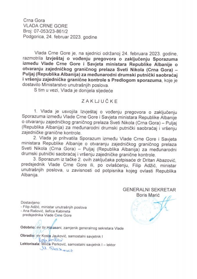 Izvještaj o vođenju pregovora o zaključivanju Sporazuma između Vlade Crne Gore i Savjeta ministara Republike Albanije o otvaranju zajedničkog graničnog prelaza Sveti Nikola - Puljaj - zaključci
