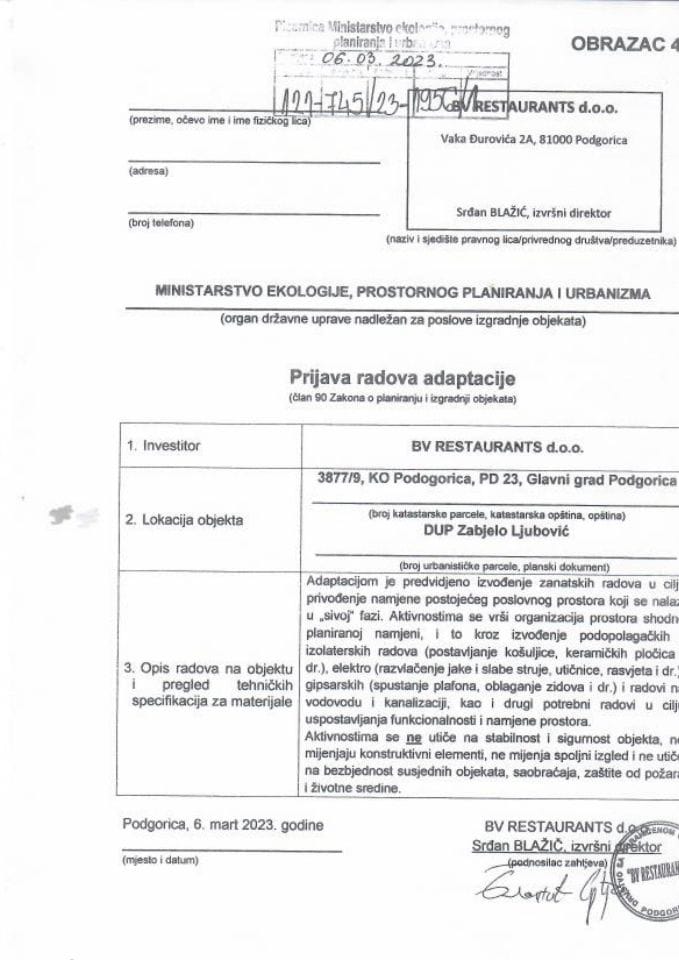 Prijava radova adaptacije 1217452319561 BV RESTAURANTS DOO