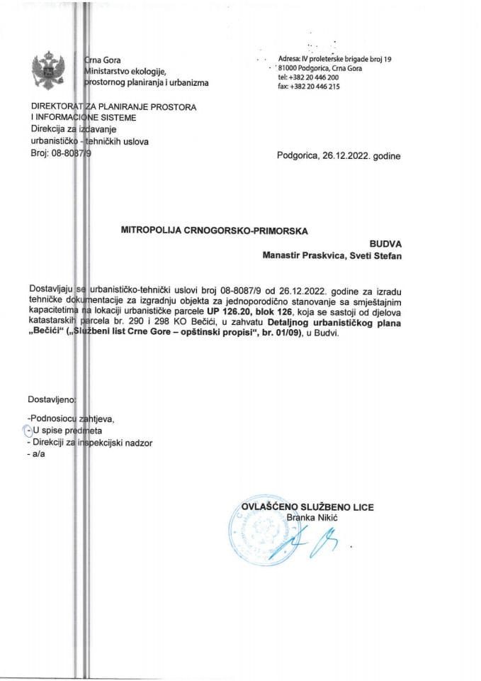 Izdati urbanističko-tehnički uslovi - 08-8087-9 MITROPOOIJA CRNOGORSKO-PRIMORSKA