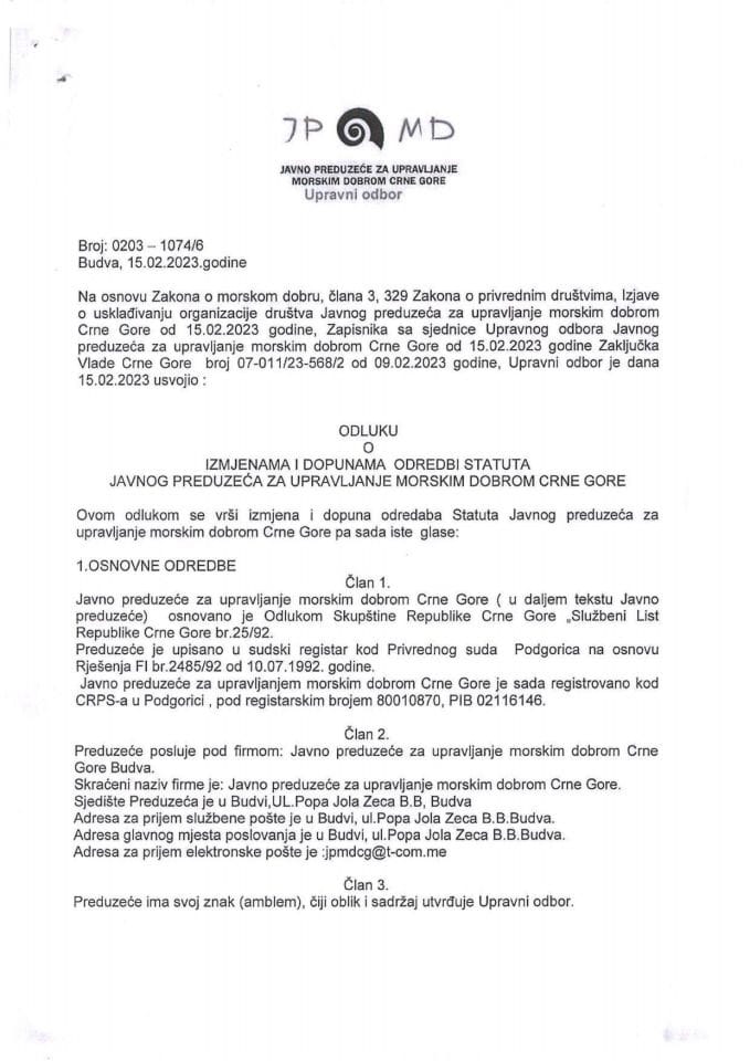 Одлука о измјенама и допунама одредби Статута Јавног предузећа за управљање морским добром Црне Горе