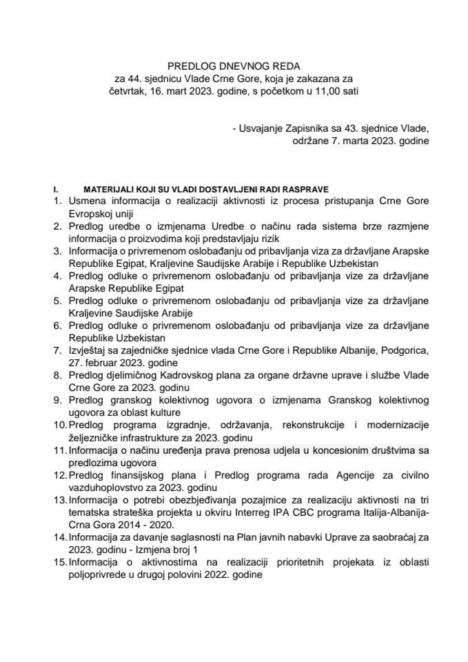 Predlog dnevnog reda za 44. sjednicu Vlade Crne Gore