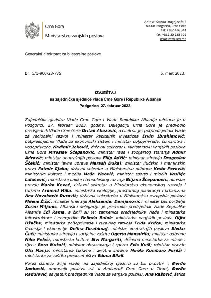Izvještaj sa zajedničke sjednice vlada Crne Gore i Republike Albanije, Podgorica, 27. februar 2023. Godine