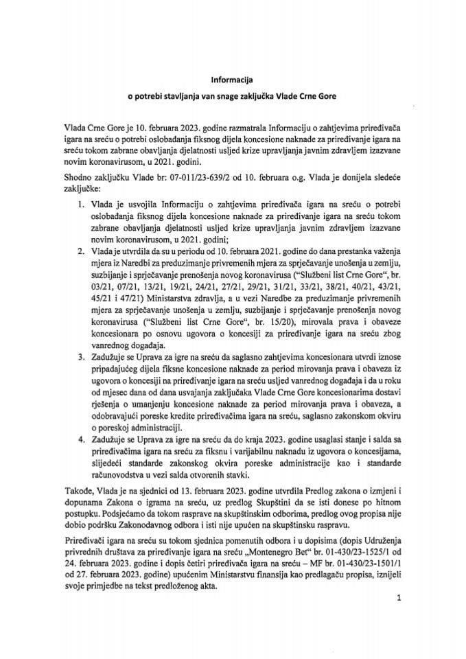 Информација о потреби стављања ван снаге Закључка Владе Црне Горе, број: 07-011/23-639/2, од 10. фебруара 2023. године
