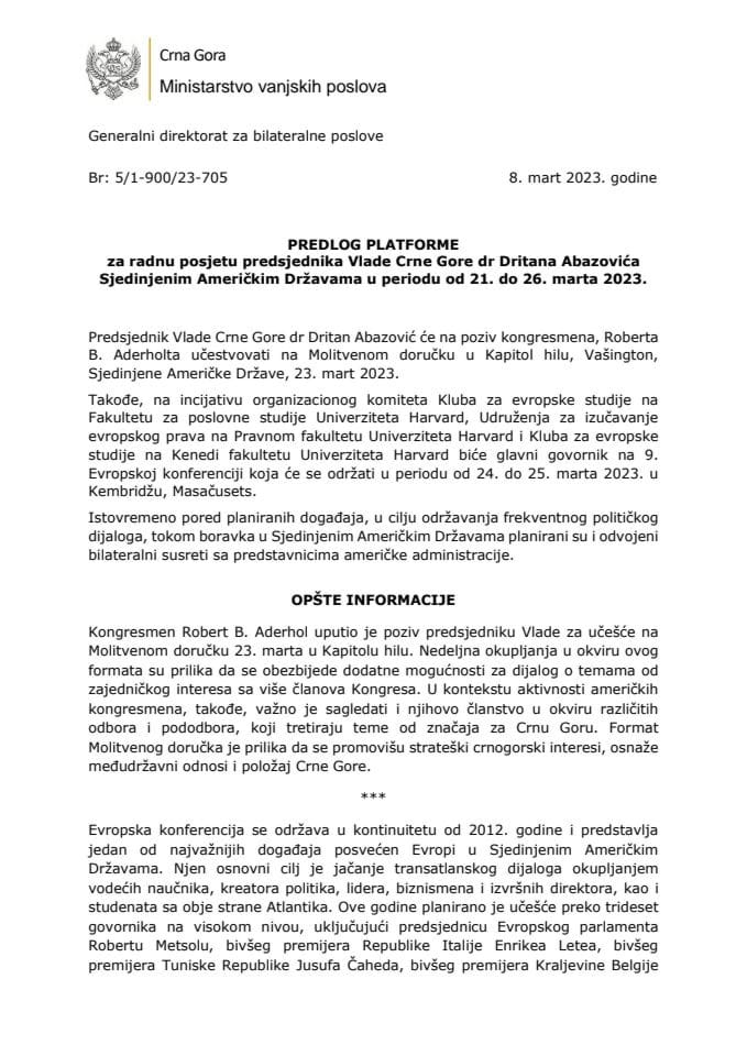 Predlog platforme za radnu posjetu predsjednika Vlade Crne Gore dr Dritana Abazovića Sjedinjenim Američkim Državama u periodu od 21. do 26. marta 2023. godine