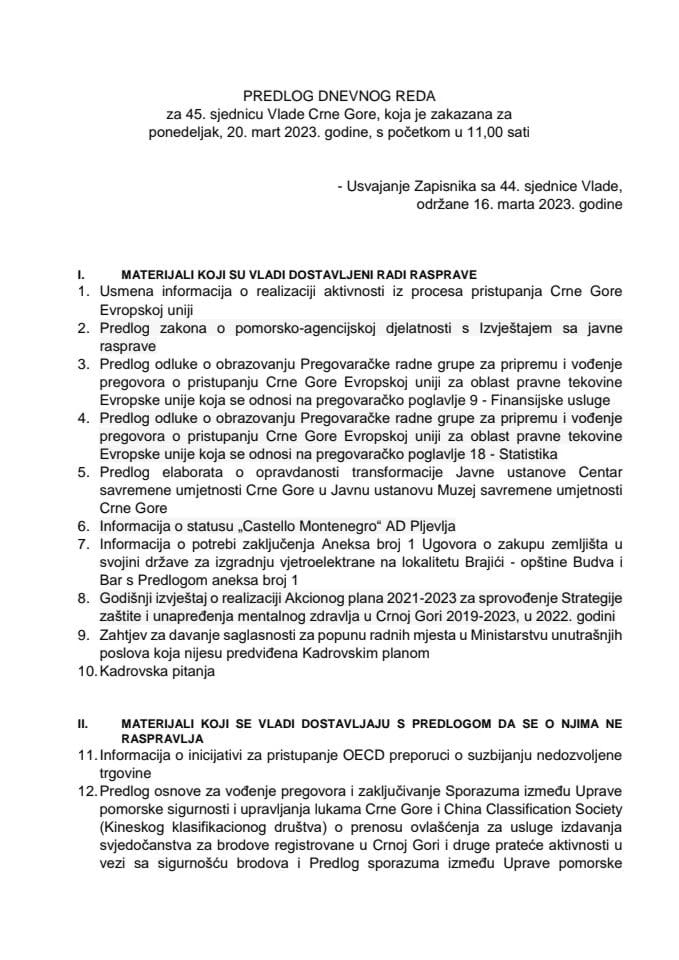 Predlog dnevnog reda za 45. sjednicu Vlade Crne Gore