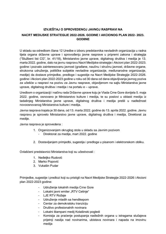 Izvještaj sa javne rasprave Medijska Strategija 2022-2026.