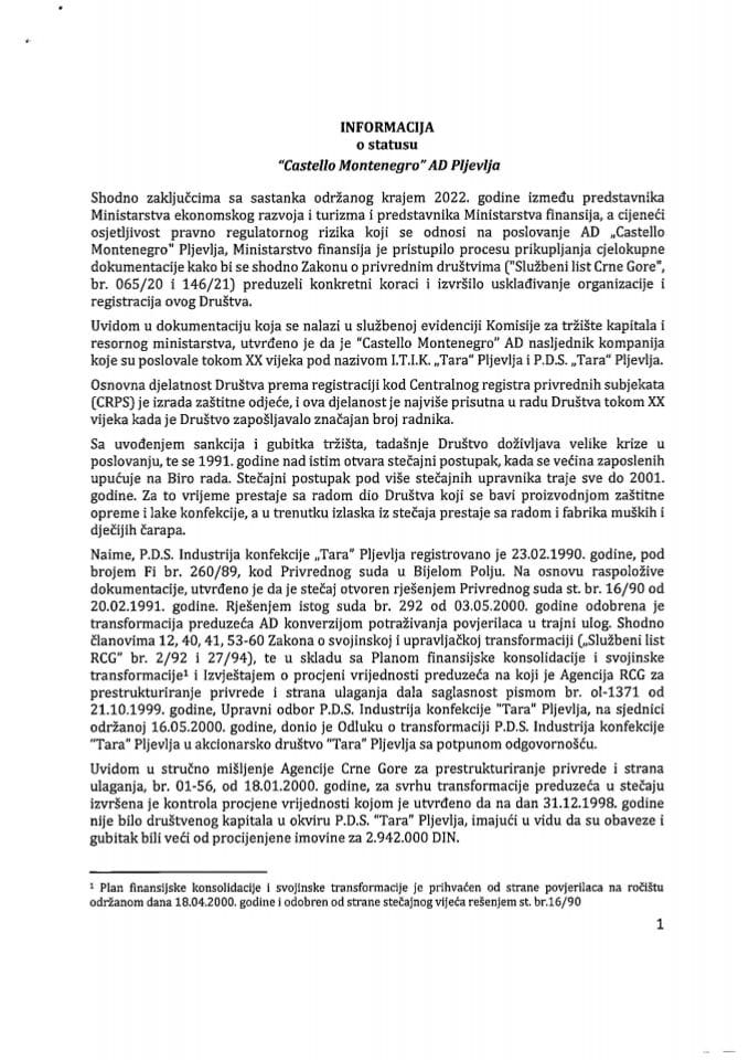 Информација о статусу „Castello Montenegro“ АД Пљевља