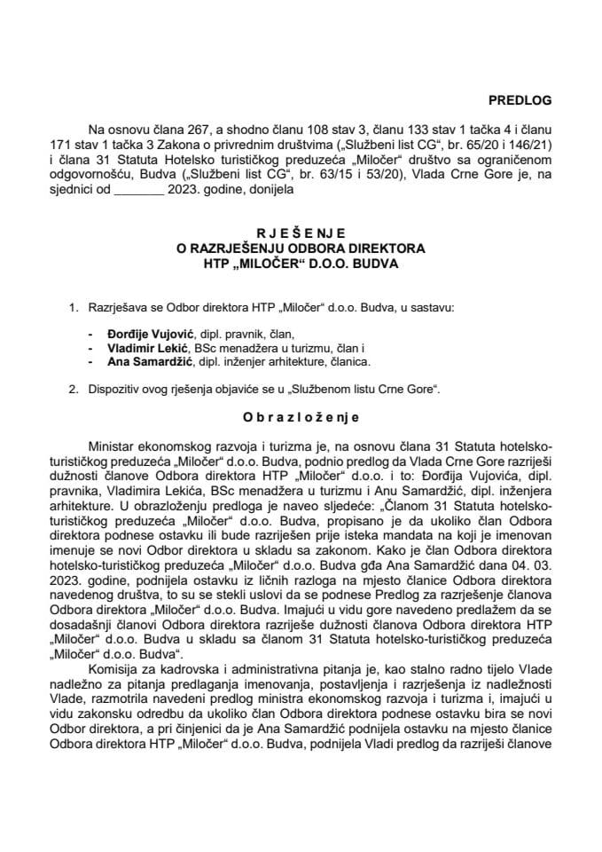 Predlog za razrješenje Odbora direktora HTP “Miločer” d.o.o. Budva