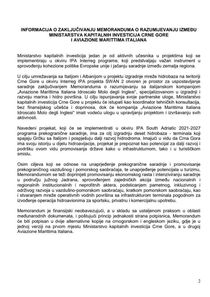 Informacija o zaključivanju Memoranduma o razumijevanju između Ministarstva kapitalnih investicija Crne Gore i Aviazione Marittima Italiana