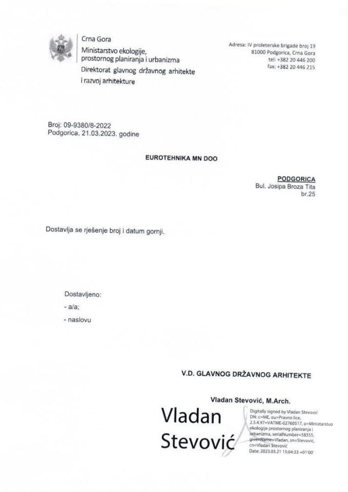 21.03.2023 Rješenje -EUROTEHNIKA MN DOO, Podgorica -Glavni grad Podgorica