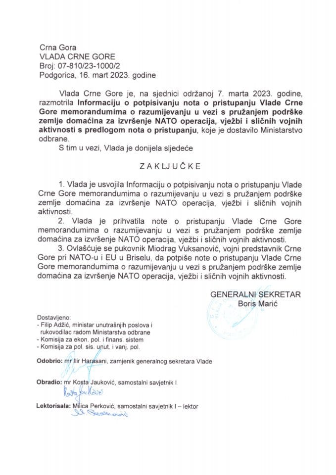 Informacija o potpisivanju Nota o pristupanju Vlade Crne Gore memorandumima o razumijevanju u vezi sa pružanjem podrške zemlje domaćina za izvršenje NATO operacija, vježbi i sličnih vojnih aktivnosti - zaključci