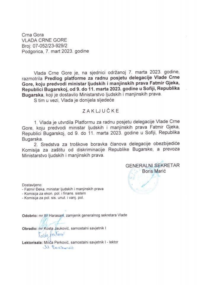 Predlog platforme za radnu posjetu delegacije Vlade Crne Gore koju predvodi ministar ljudskih i manjinskih prava Fatmir Gjeka Republici Bugarskoj, 9-11. mart 2023. godine, Sofija, Republika Bugarska (bez rasprave) - zaključci