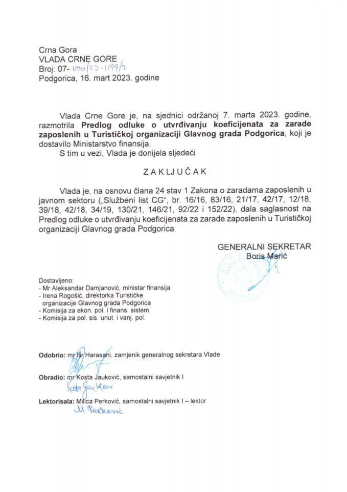 Предлог одлуке о утврђивању коефицијената за зараде запослених у Туристичкој организацији Главног града Подгорица (без расправе) - закључци