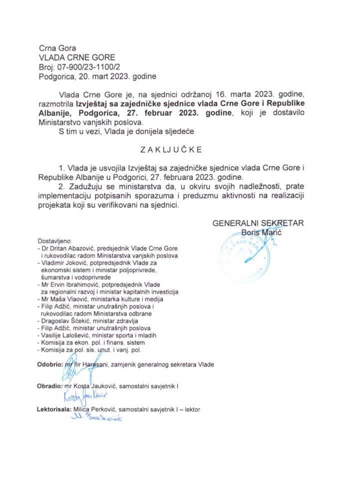 Izvještaj sa zajedničke sjednice vlada Crne Gore i Republike Albanije, Podgorica, 27. februar 2023. Godine - zaključci