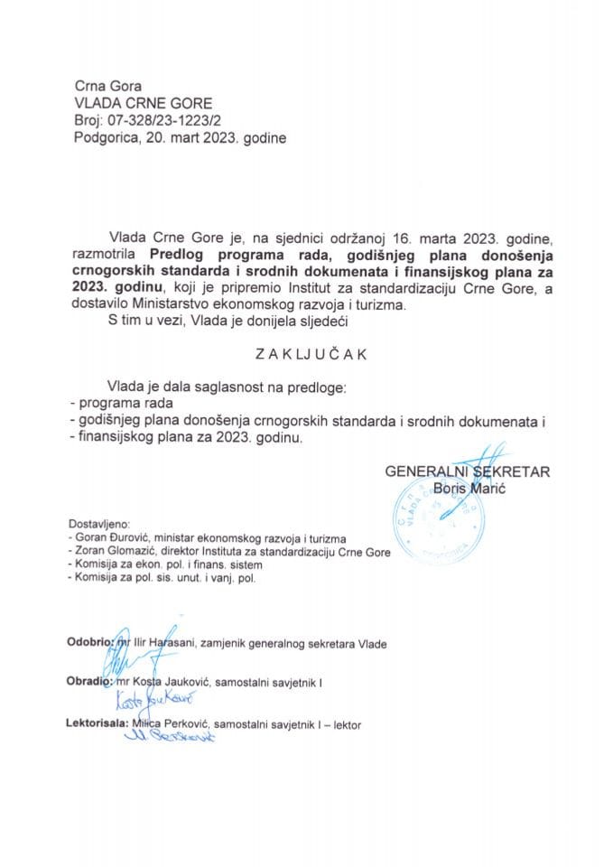Predlog programa rada, Godišnjeg plana donošenja crnogorskih standarda i srodnih dokumenata i Finansijskog plana za 2023. godinu - zaključci