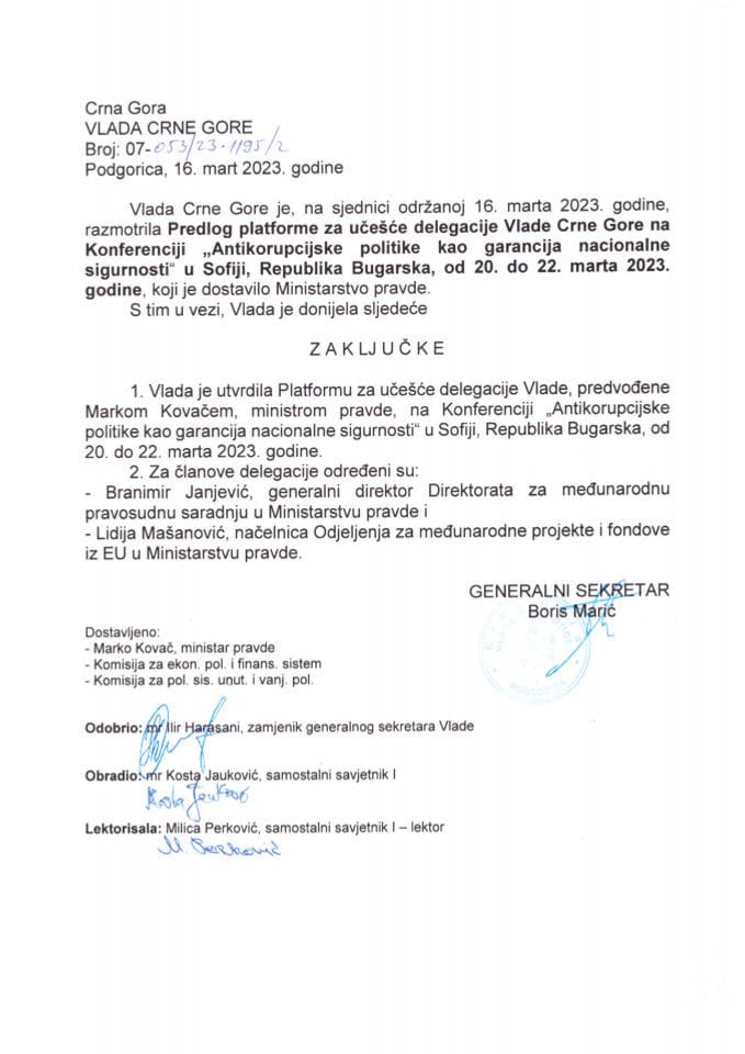 Предлог платформе за учешће делегације Владе Црне Горе на конференцији "Антикорупцијске политике као и гаранција националне сигурности", Софија, Република Бугарска, 20-22. март 2023. године - закључци