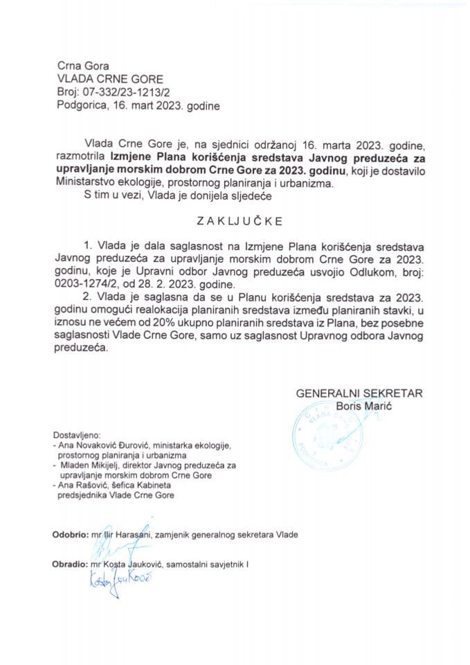 Izmjena Plana korišćenja sredstava Javnog preduzeća za upravljanje morskim dobrom Crne Gore za 2023. godinu - zaključci