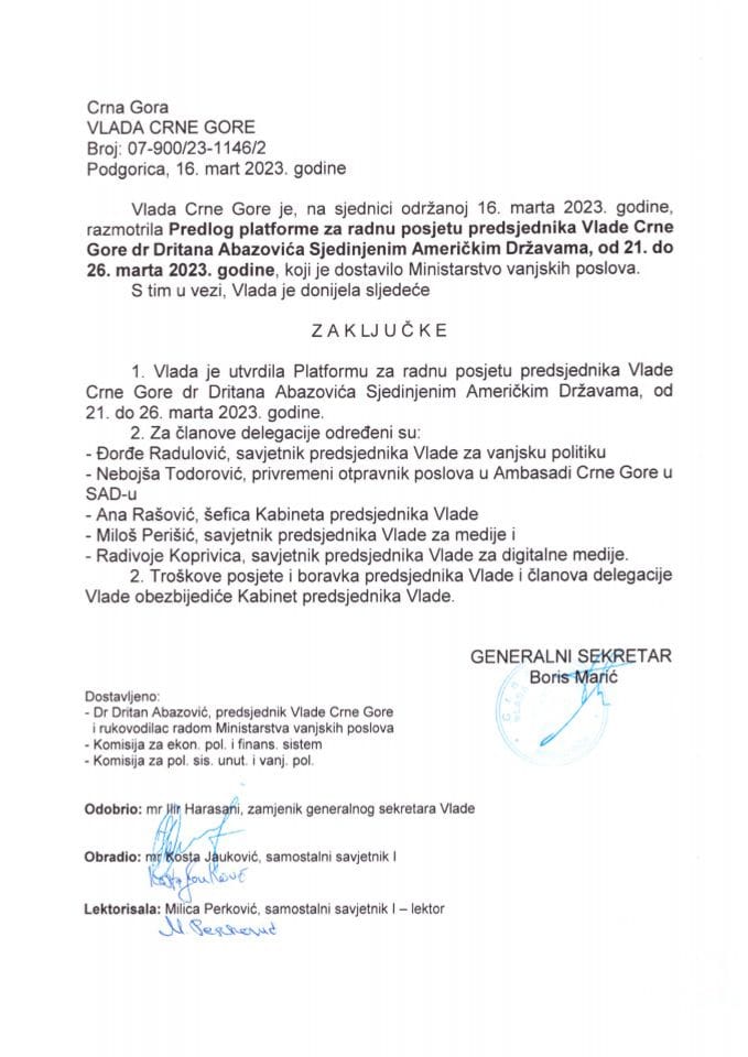 Predlog platforme za radnu posjetu predsjednika Vlade Crne Gore dr Dritana Abazovića Sjedinjenim Američkim Državama u periodu od 21. do 26. marta 2023. godine - zaključci