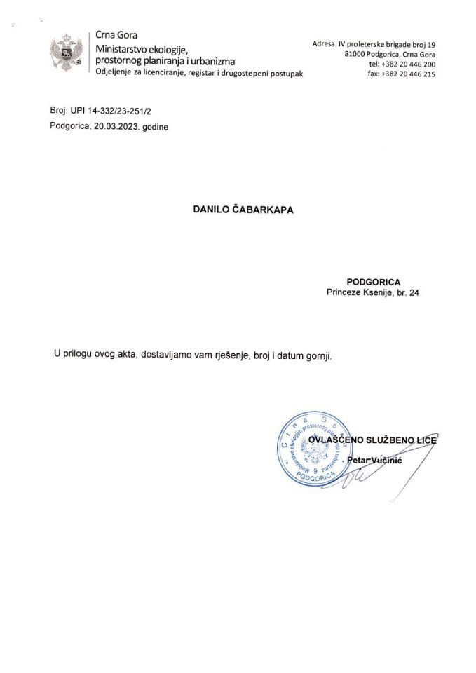 Licenca ovlašćenog inženjera za građevinsku djelatnost - UPI 14-332-23-251-2 DANILO CABARKAPA