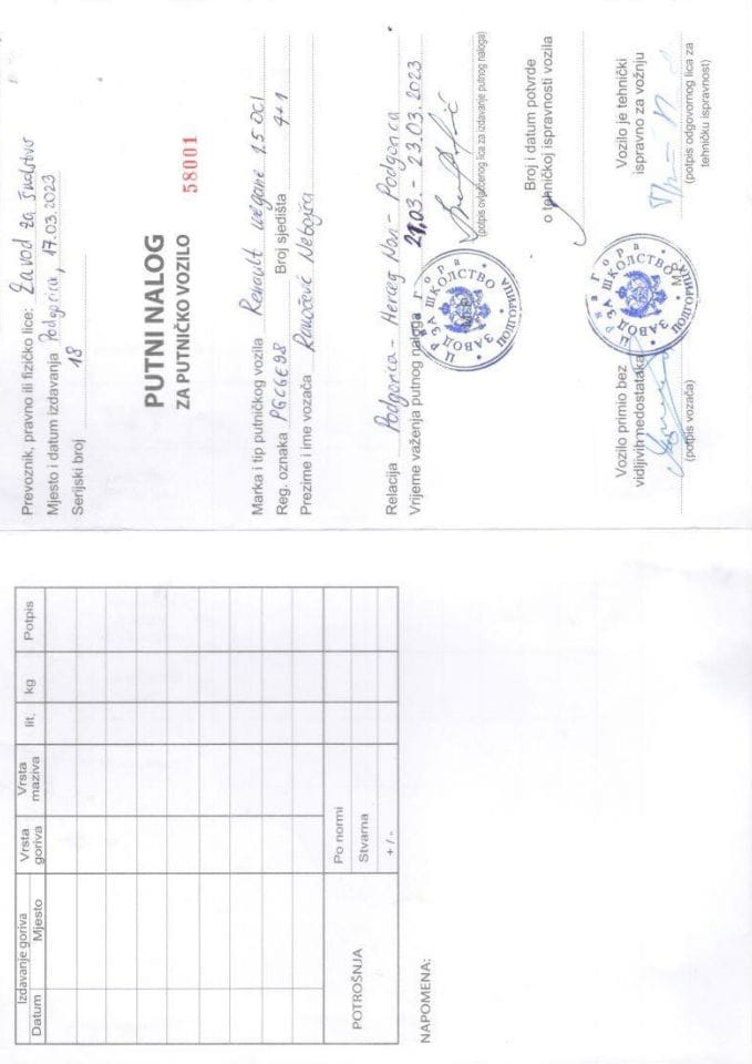 Putni nalozi ZZŠ  od 20. do 26. marta