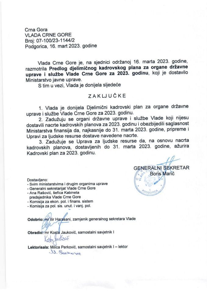 Предлог дјелимичног Кадровског плана за органе државне управе и службе Владе Црне Горе за 2023. годину - закључци