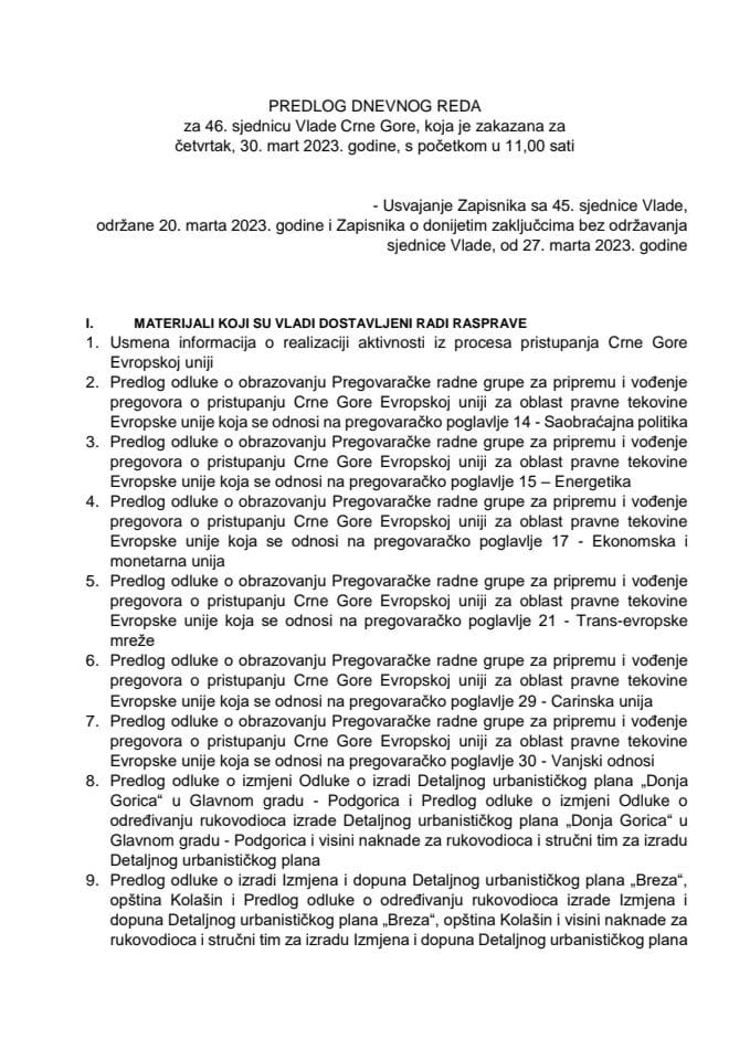Predlog dnevnog reda za 46. sjednicu Vlade Crne Gore