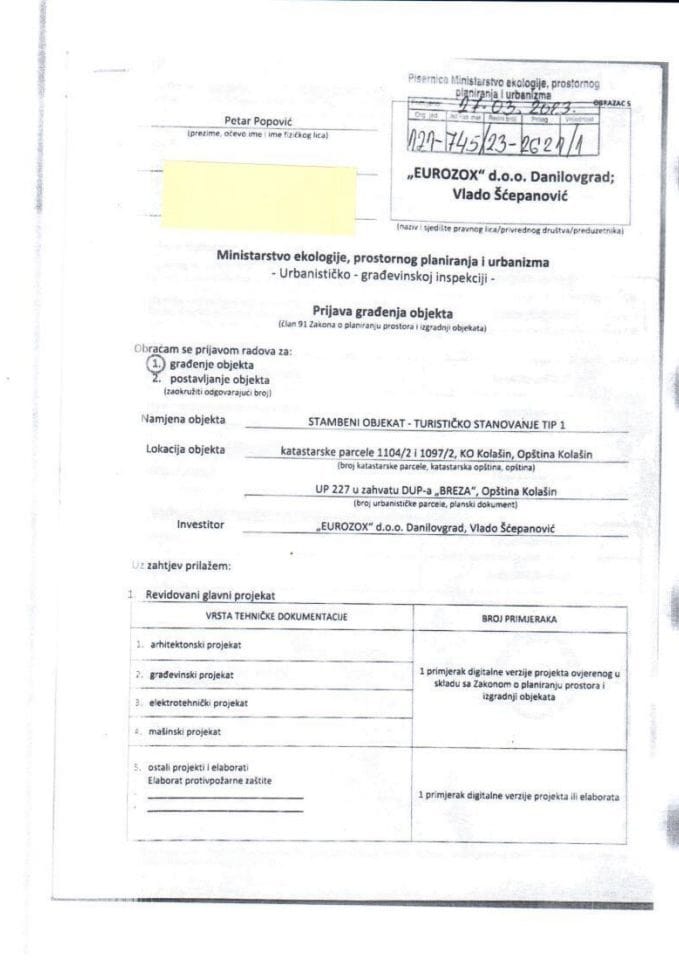 Prijava građenja objekta - 121-745-23-2621-1 EUROZOX DOO DANILOVGRAD