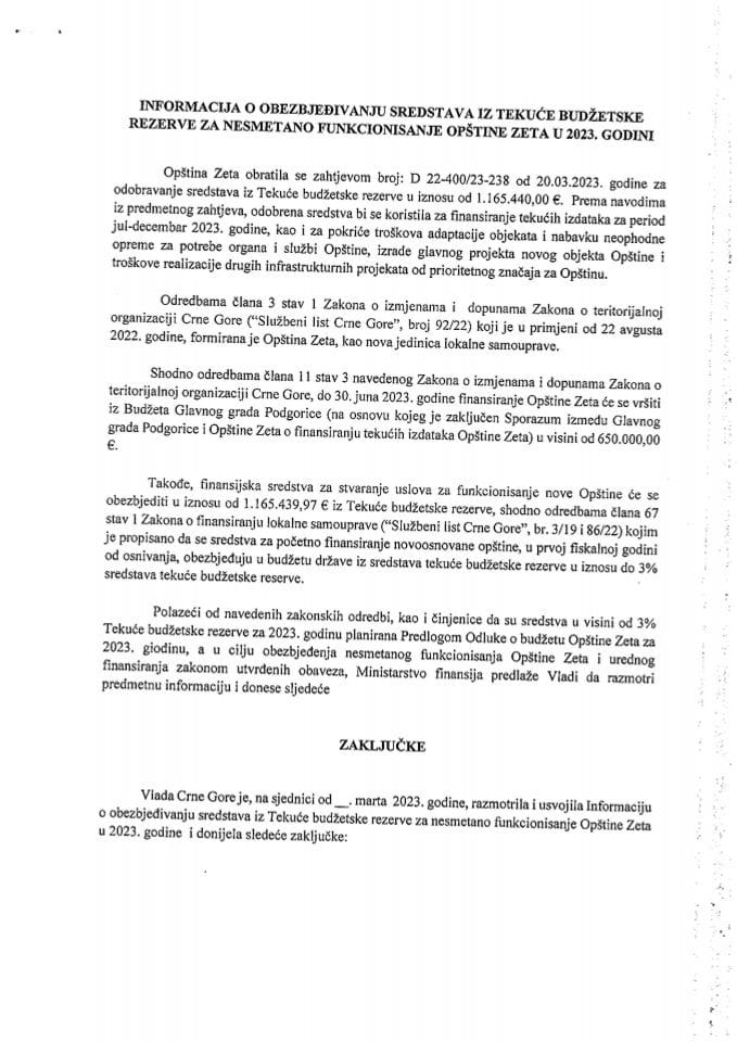 Informacija o obezbjeđenju sredstava iz Tekuće budžetske rezerve za nesmetano funkcionisanje opštine Zeta u 2023. godini