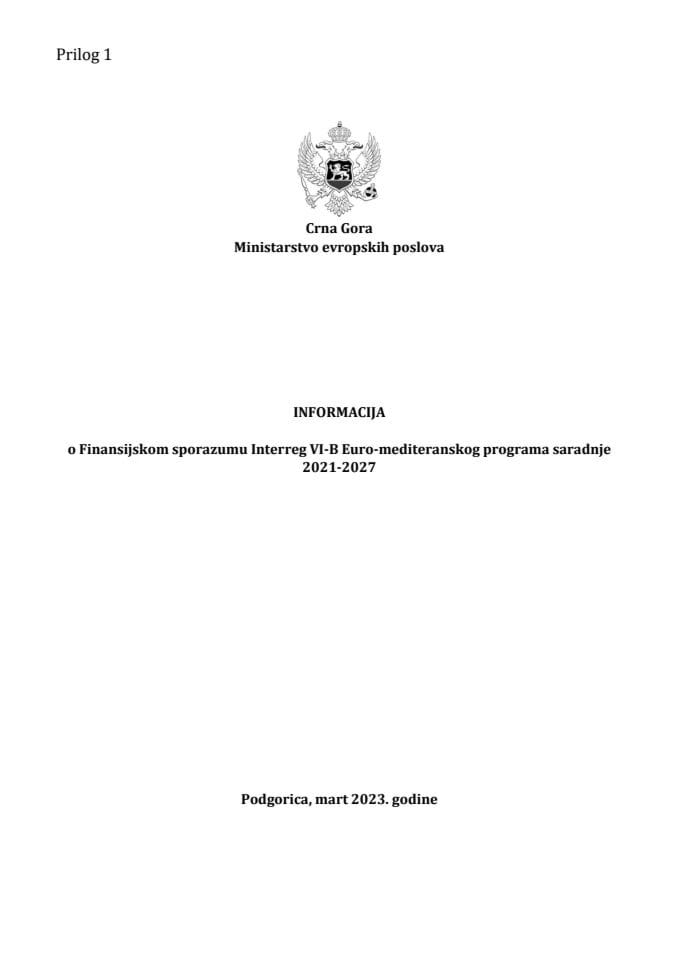 Informacija o Finansijskom sporazumu Interreg VI-B Euro-mediteranskog programa saradnje 2021-2027 s Predlogom finansijskog sporazuma