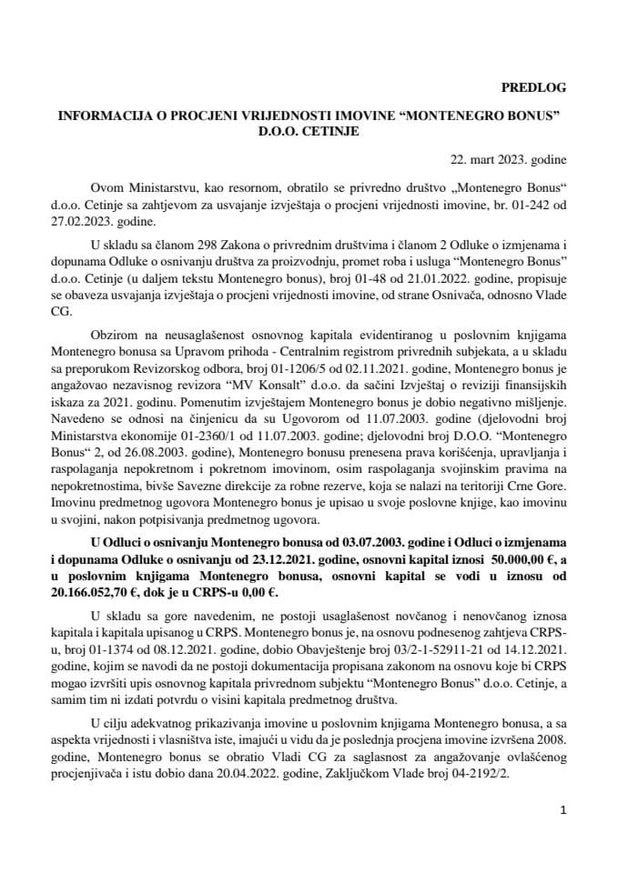 Информација о процјени вриједности имовине „Montenegro Bonus“ д.о.о. Цетиње