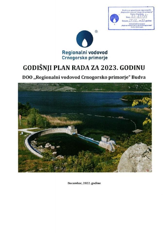 Предлог годишњег плана рада за 2023. годину ДОО „Регионални водовод Црногорско приморје“ Будва