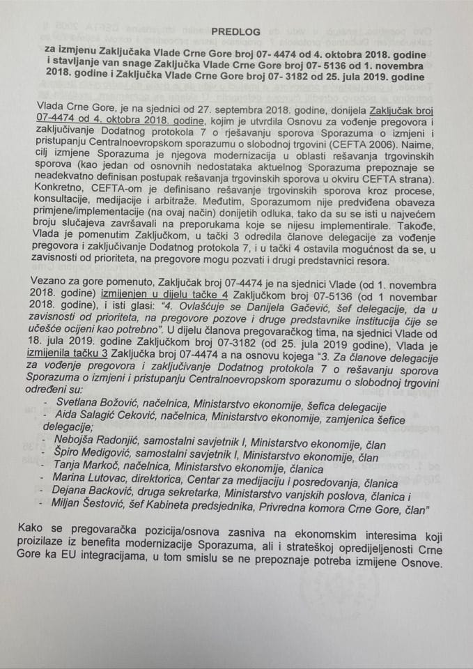 Predlog za izmjenu Zaključaka Vlade Crne Gore, broj: 07-4474, od 4. oktobra 2018. godine i stavljanje van snage Zaključka Vlade Crne Gore, broj: 07-5136, od 1. novembra 2018. godine i Zaključka Vlade, broj: 07-3182, od 25. jula 2019. (bez rasprave)